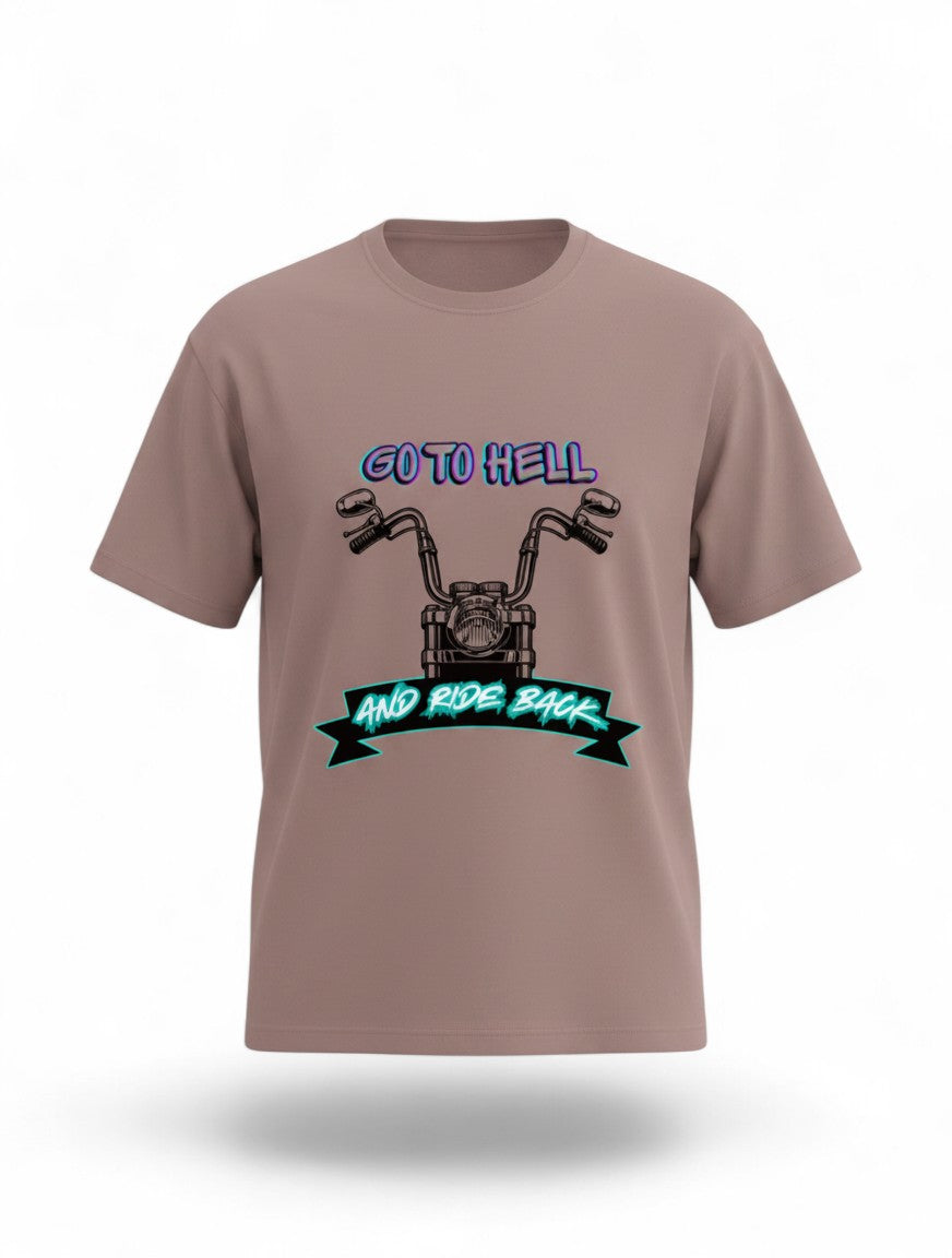 MAG Store graphic t-shirt with motorcycle and slogan "GO TO HELL AND RIDE BACK" in neon blue and purple.