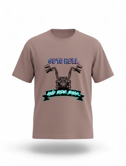 MAG Store graphic t-shirt with motorcycle and slogan "GO TO HELL AND RIDE BACK" in neon blue and purple.
