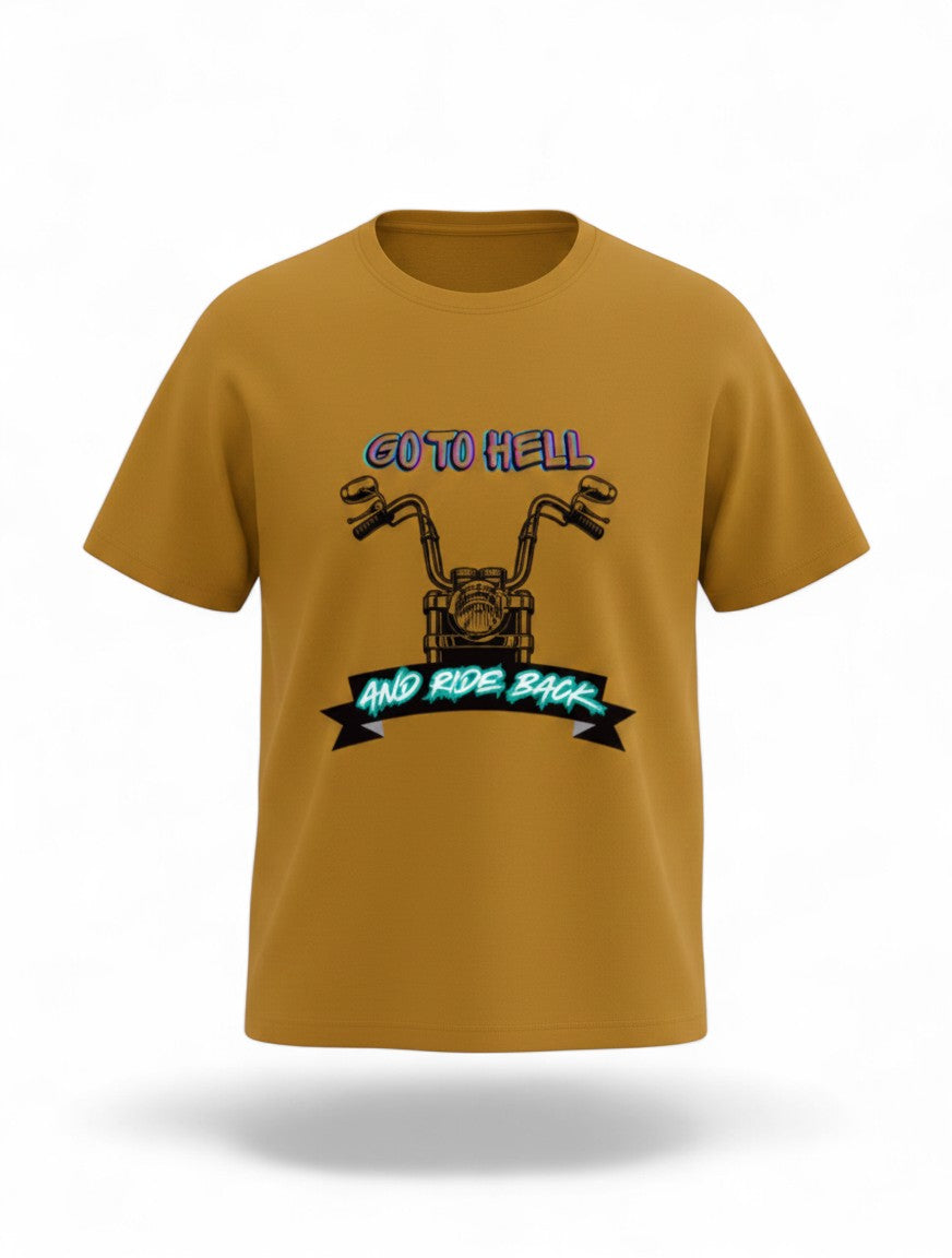 MAG Store graphic motorcycle t-shirt in mustard yellow with "GO TO HELL AND RIDE BACK" slogan and motorcycle illustration.