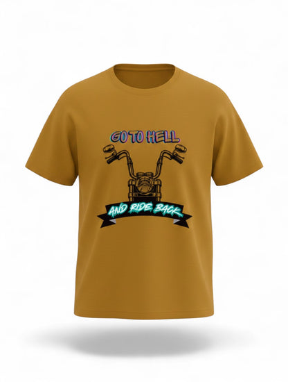MAG Store graphic motorcycle t-shirt in mustard yellow with "GO TO HELL AND RIDE BACK" slogan and motorcycle illustration.