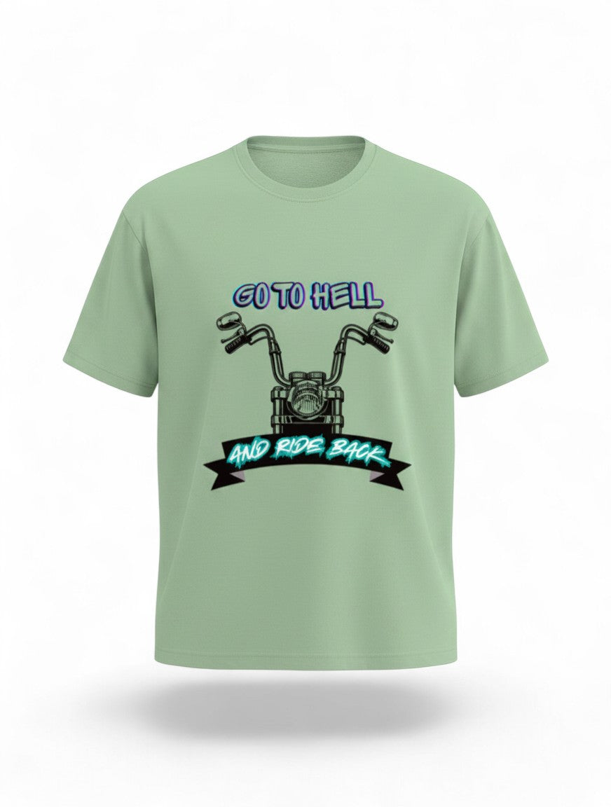 MAG Store light green cotton t-shirt with a graphic of motorcycle handlebars and the text "GO TO HELL AND RIDE BACK".