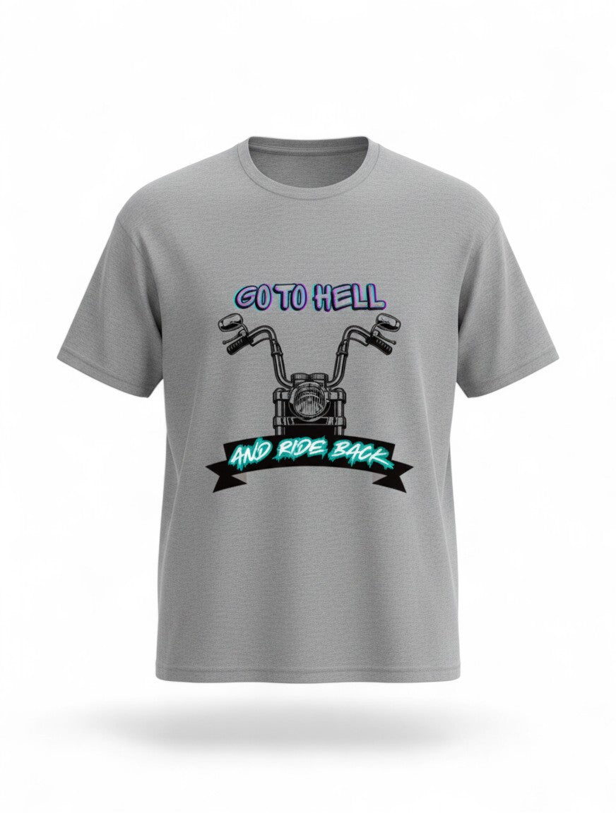 MAG Store grey cotton t-shirt with a graphic of motorcycle handlebars and the text "GO TO HELL AND RIDE BACK".