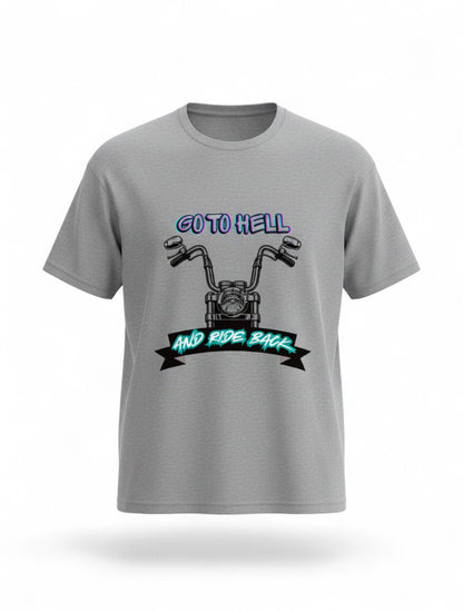 MAG Store grey cotton t-shirt with a graphic of motorcycle handlebars and the text "GO TO HELL AND RIDE BACK".