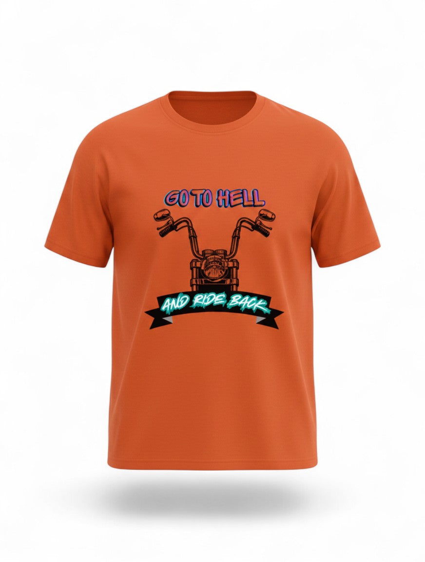 MAG Store orange graphic t-shirt with motorcycle and