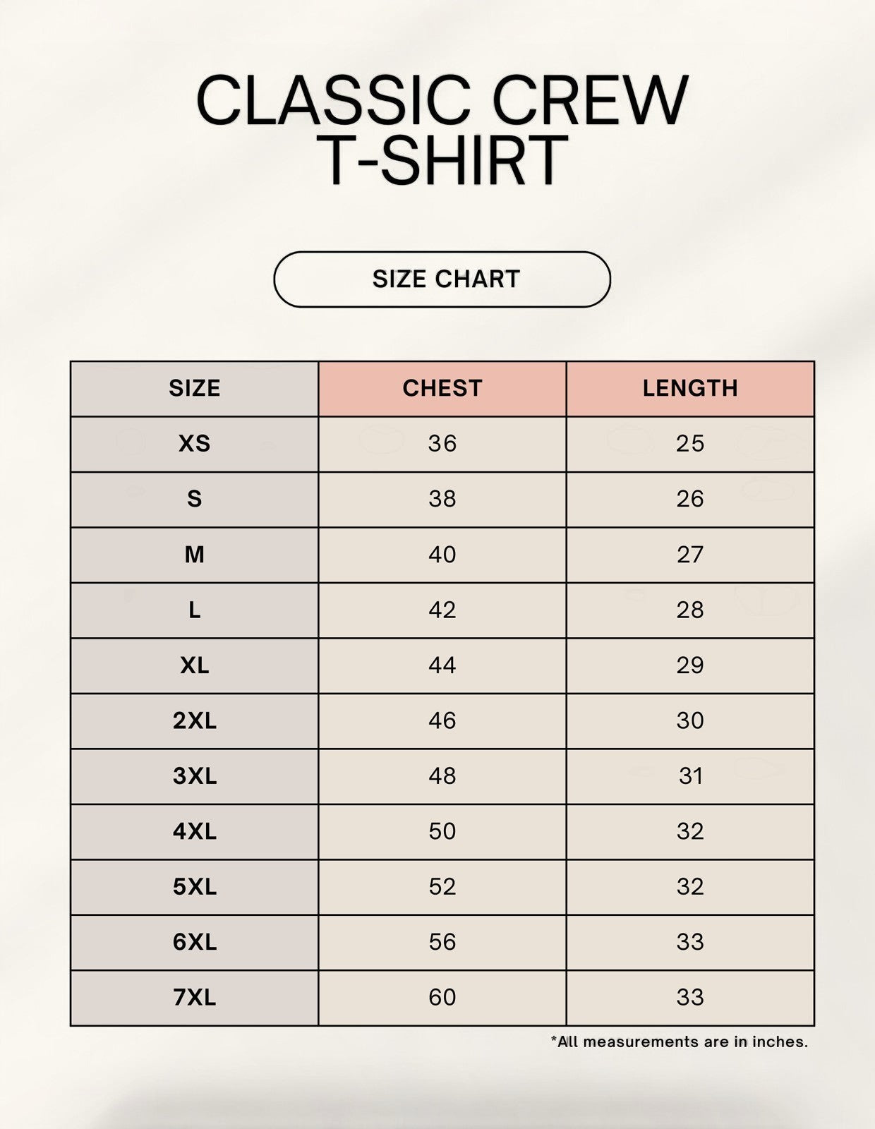 MAG Store Rider Swag Unisex Classic Crew T-Shirt size chart with chest and length measurements in inches.