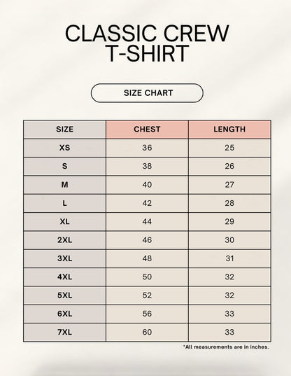MAG Store Rider Swag Unisex Classic Crew T-Shirt size chart with chest and length measurements in inches.